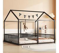 Dolamaní Lit de Sol 180 x 200 cm Pour 2 Enfants - Protection Anti-chute, 90 x 200 cm, 2 en 1, Maison, en Métal (Noir B)