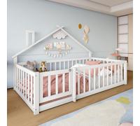 Dolamaní Lit de sol, 90 x 190 cm, avec protection anti-chute et porte avec serrure, cadre de lit pour enfant, en bois de pin avec sommier à lattes, sans matelas (blanc)