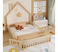 Dolamaní Lit de sol, pour enfant, 140 x 190 cm, avec protection anti-chute et sommier à lattes, en bois de pin avec belle forme de cheminée, lit pour adolescent, sans matelas (naturel)