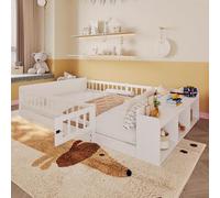 Dolamaní Lit de sol, pour enfant, 140 x 200 cm, avec palier ouvert, en bois de pin avec porte, lit avec protection anti-chute et sommier à lattes, cadre de lit en bois, sans matelas (blanc)