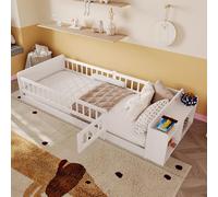 Dolamaní Lit de sol, pour enfant, 90 x 200 cm, avec palier ouvert, en bois de pin avec porte, lit avec protection anti-chute et sommier à lattes, cadre de lit en bois, sans matelas (blanc)