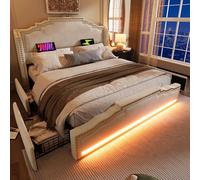 Dolamaní Lit double 180 x 200 cm, avec 4 tiroirs, espace de rangement, rembourré, avec éclairage LED et lumière LED, en velours, style vintage, avec tête de lit aspect rivets, beige