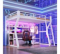 Dolamaní Lit mezzanine, 140 x 200 cm, cadre en fer, avec bureau et espace de rangement, espace de suspension, compartiments de rangement, lit en métal, avec sommier à lattes, sans matelas (blanc)