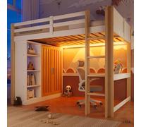 Dolamaní Lit mezzanine, 140 x 200 cm, en bois de pin, avec échelle à angle droit, bureau et armoire, et étagère de rangement à 4 niveaux, en bois de pin, sans matelas (blanc + naturel)