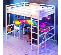 Dolamaní Lit mezzanine 140 x 200 cm en métal avec bureau d'ordinateur et escalier, bureau avec LED changeant de couleur, 1 port USB + 1 port de type C et 2 prises, sans matelas (blanc)