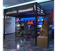 Dolamaní Lit mezzanine, 140 x 200 cm, en métal, avec bureau et escalier, lit de 140 x 200 cm, avec espace de rangement, barre lumineuse LED et port USB, lit en métal, lit pour adolescent, enfant, sans