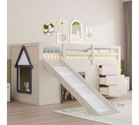 Dolamaní Lit mezzanine, 90 x 200 cm, pour enfant, avec toboggan et sommier à lattes, hauteur : 107 cm, 3 tiroirs et 2 portes, avec protection anti-chute, en bois, sans matelas, crème