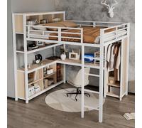 Dolamaní Lit mezzanine en métal, 140 x 200 cm, pour enfants, avec vêtements, armoire et bureau, espace de rangement à double étages, lit avec sommier à lattes (sans matelas) (blanc + naturel A)