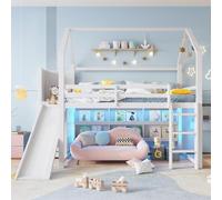 Dolamaní Lit pour enfant en forme de maison, 90 x 200 cm, mezzanine, avec toboggan, barre LED, design moderne, avec protection anti-chute, lit en bois, avec sommier à lattes, sans matelas (blanc)