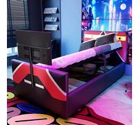 Dolamaní Lit rembourré, simple, 90 x 200 cm, de style e-sport, avec housse en cuir PU, aspect bloc de couleur, espace de rangement hydraulique, avec éclairage LED et support TV intégré, sans matelas