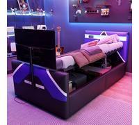 Dolamaní Lit rembourré, simple, 90 x 200 cm, de style e-sport, avec housse en cuir PU, aspect bloc de couleur, espace de rangement hydraulique, avec éclairage LED et support TV intégré, sans matelas