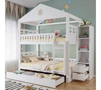 Dolamaní Lit superposé 90 x 200 cm, 2 tiroirs et étagère, bois, blanc | Deux surfaces de couchage pour frères, échelle intégrée, protection contre les chutes et sommiers à lattes pour une vie