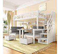 Dolamaní Lit superposé, 90 x 200 cm, fonctionnel, 2 en 1, pour chambre d'adolescent, avec canapé et bureau, espace de rangement, escalier de sécurité, en bois, avec protection anti-chute, blanc