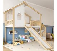 Dolamaní Lit superposé, 90 x 200 cm, pour enfant, avec sommier à lattes et escalier avec espace de rangement, lit mezzanine avec protection anti-chute, toboggan, barre de maison, naturel + blanc (B)