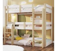 Dolamaní Lit superposé pour 3 personnes, 90 x 190 cm, en bois de pin, pour enfant, avec protection anti-chute et sommier à lattes, lit frère et soeur, en bois, sans matelas (blanc + naturel)