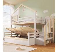 Dolamaní Lot de 2 lits superposés, pour enfant, 90 x 200 cm + 140 x 200 cm, lit mezzanine, avec espace de rangement hydraulique, toit et conception de fenêtre, protection anti-chute, en bois, sans