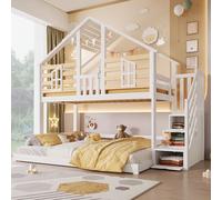 Dolamaní Lot de 2 lits superposés, pour enfants, 90 x 200 cm + 140 x 200 cm, lit mezzanine, avec espace de rangement, escalier, toit et fenêtre, protection anti-chute, en bois, sans matelas (blanc +