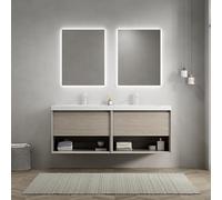 Dolamaní Meuble de salle de bain à suspendre, avec meuble inférieur, 140 cm, 2 lavabos rectangulaires en résine blanche, 2 tiroirs et 2 étagères ouvertes, pré-monté, grain de bois clair (140 cm)