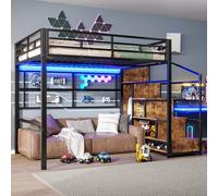 Dolamaní Mezzanine Adulte 140x200 cm Métal Lampes LED Espace Rangement Escalier Sécurité Grille Suspendre Objets 150 kg Noir