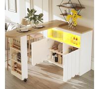 Dolamaní Table de bar extensible avec espace de rangement 135-205 × 39 × 100 cm, portes d'armoires rayées minimales, table de bar mobile avec LED, étagères réglables et étagère latérale à 3 niveaux