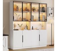 Dolamaní Vitrine avec éclairage LED, 160 x 30 x 200 cm, vitrine à 8 portes et plan de travail, vitrine moderne en verre pour bureau à domicile, bibliothèque, pièce de collection, portes blanches avec