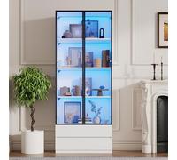 Dolamaní Vitrine de salon avec éclairage LED, 80 x 34 x 200 cm, vitrine en verre avec 2 portes en verre + 2 tiroirs, cadre en aluminium, armoire en verre (blanc A)