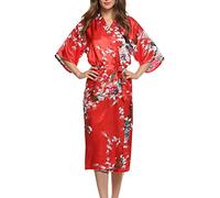 Dolamen Kimono Robe Femmes, Femmes Chemises de Nuit Paon et Fleurs, Robe Peignoir en Satin de Soie Robe de Nuit de Demoiselle d'honneur Pyjamas, Longue Style (XX-Large, Rouge)