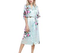 Dolamen Kimono Robe Femmes, Femmes Chemises de Nuit Paon et Fleurs, Robe Peignoir en Satin de Soie Robe de Nuit de Demoiselle d'honneur Pyjamas, Longue Style (X-Large, Bleu Clair)