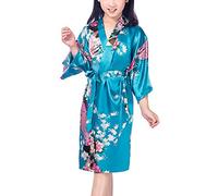 Dolamen Kimono Robe Filles, Filles Enfant Garçon Chemises de nuit Paon et fleurs, Robe peignoir en satin pyjamas natation Anniversaire de mariage (Taille 10 Hauteur 115-130CM (45 "-51"), lac bleu)