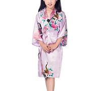Dolamen Kimono Robe Filles, Filles Enfant Garçon Chemises de nuit Paon et fleurs, Robe peignoir en satin pyjamas natation Anniversaire de mariage (Taille 14 Hauteur 145-160CM (57 "-63"), Violet clair)