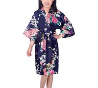 Dolamen Kimono Robe Filles, Filles Enfant Garçon Chemises de Nuit Paon et Fleurs, Robe Peignoir en Satin Pyjamas Natation Anniversaire de Mariage (Taille 8 Hauteur 100-115CM (39"-45"), Bleu)