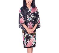 Dolamen Kimono Robe Filles, Filles Enfant Garçon Chemises de nuit Paon et fleurs, Robe peignoir en satin pyjamas natation Anniversaire de mariage (Taille 12 Hauteur 130-145CM (51 "-57"), Noir)