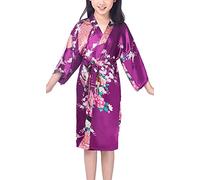 Dolamen Kimono Robe Filles, Filles Enfant Garçon Chemises de nuit Paon et fleurs, Robe peignoir en satin pyjamas natation Anniversaire de mariage (Taille 8 Hauteur 100-115CM (39 "-45"), Violet)