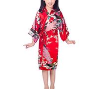 Dolamen Kimono Robe Filles, Filles Enfant Garçon Chemises de nuit Paon et fleurs, Robe peignoir en satin pyjamas natation Anniversaire de mariage (Taille 14 Hauteur 145-160CM (57 "-63"), Rouge)