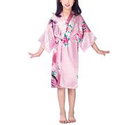 Dolamen Kimono Robe Filles, Filles Enfant Garçon Chemises de Nuit Paon et Fleurs, Robe Peignoir en Satin Pyjamas Natation Anniversaire de Mariage (Taille 12 Hauteur 130-145CM (51"-57"), Pink)