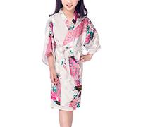 Dolamen Kimono Robe Filles, Filles Enfant Garçon Chemises de nuit Paon et fleurs, Robe peignoir en satin pyjamas natation Anniversaire de mariage (Taille 12 Hauteur 130-145CM (51 "-57"), Blanc)
