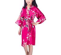 Dolamen Kimono Robe Filles, Filles Enfant Garçon Chemises de Nuit Paon et Fleurs, Robe Peignoir en Satin Pyjamas Natation Anniversaire de Mariage (Taille 12 Hauteur 130-145CM (51"-57"), Rose)