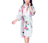 Dolamen Kimono Robe Filles, Filles Enfant Garçon Chemises de nuit Paon et fleurs, Robe peignoir en satin pyjamas natation Anniversaire de mariage (Taille 8 Hauteur 100-115CM (39 "-45"), Bleu clair)