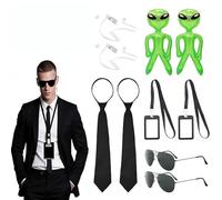 Dolaso Ensemble d'accessoires de costume d'agent secret avec supports d'identité, cravates noires, lunettes de soleil, oreillettes gonflables d'extraterrestres verts pour homme et femme, Halloween