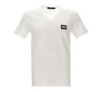 Dolce & Gabbana - T-shirt en coton avec col en V et étiquette de marque - Homme - Tops - Blanc - Taille: M