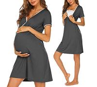 DolceTiger Chemise de Nuit pour Femmes, Col en V Allaitement Nuisette, Robes de Maternité, Vêtements de Nuit Manches Courtes, Pyjama Femmes Enceintes Maternité Ensemble Robes (Gray, XXL)