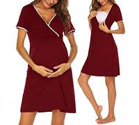 DolceTiger Chemise de Nuit pour Femmes, Col en V Allaitement Nuisette, Robes de Maternité, Vêtements de Nuit Manches Courtes, Pyjama Femmes Enceintes Maternité Ensemble Robes (Wine, XXL)