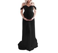 DolceTiger Photo Grossesse Robe Shooting Grossesse Robes Maternité Robe de Maternité élégante à épaules Dénudées Grossesse et Maternité Robe de Photographie Avant Ouvert Longue Robe (Black, M)