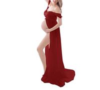DolceTiger Photo Grossesse Robe Shooting Grossesse Robes Maternité Robe de Maternité élégante à épaules Dénudées Grossesse et Maternité Robe de Photographie Avant Ouvert Longue Robe (Red, L)