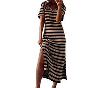 DolceTiger Robe Femmes Longue Robe Vintage Robe Maxi à Rayures pour Femmes à Manches Courtes col en V décontracté Ample Longue Plage Robes Fendues Robe Bretelles Fines (Khaki, XXL)