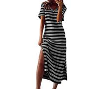 DolceTiger Robe Femmes Longue Robe Vintage Robe Maxi à Rayures pour Femmes à Manches Courtes col en V décontracté Ample Longue Plage Robes Fendues Robe Bretelles Fines (Grey, M)