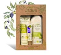 d'Olive Coffret cadeau 3 pièces - Crème pour les mains et le corps 250 ml, lotion pour le corps 400 ml + crème intense 20 ml - Kit d'entretien à l'huile d'olive dans un carton kraft respectueux de