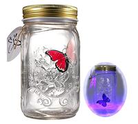 DOLKII Bocal de collection de papillons, Papillon animé en verre dans un bocal avec décoration cadeau lumière LED, Rouge