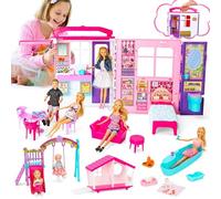Doll House Gift Set for Dolls and Barbie with 60+ Pieces & 2 Dolls: Living Room, Bedroom, Kitchen, Bathroom, Outdoor Slide & Swing, and Pet House