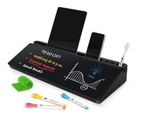 DOLLAR BOSS Petit tableau blanc de bureau en verre effaçable à sec avec tiroir de rangement, support de clavier d'ordinateur, organisateur de bureau, fournitures scolaires avec 4 marqueurs, 1 chiffon,